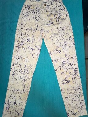 Escada Cream Skinny Jeans with Purple & Gold Floral Print